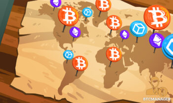 Cryptocurrencies and Bitcoin charted around a world map