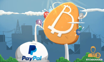 Bitcoin with its foot on Paypal, leaning back with more crypto behind it