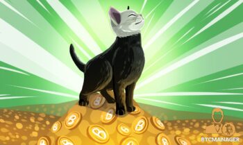 Bisq Cat standing proudly atop a mountain of bitcoins