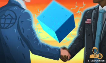Two Men Shaking Hands with a Block in the Middle