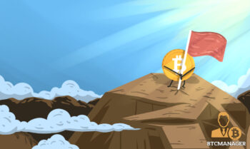 Bitcoin at the top of a mountain holding a red flag