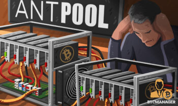 AntPool mining rigs and a sad looking man next to them