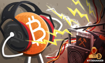 Bitcoin protecting its ears from a loud cryptocurrency miner