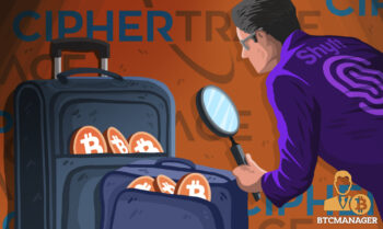 Man looking at luggage filled with cryptocurrency CipherTrace Shyft Bitcoin