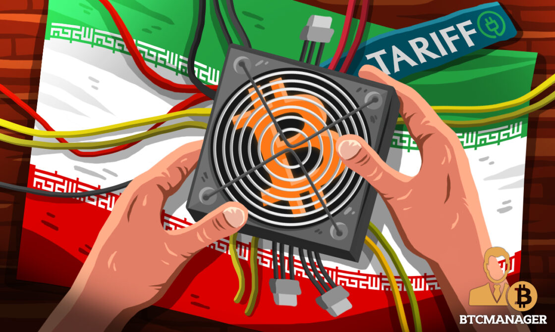 Bitcoin mining rig being handled atop the Iranian Flag and Tarif