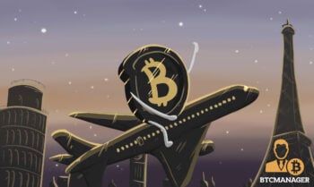 Bitcoin Riding atop a airplane over Europe, looking really happy