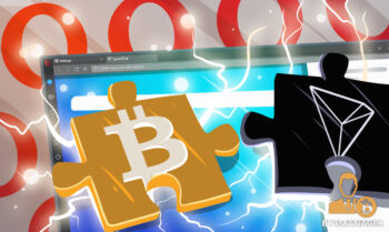 Bitcoin and Tron puzzle pieces electric in the Opera browser