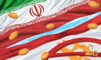 Irani National Flag with Bitcoins Strewn Across