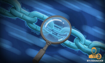 Magnifying glass examining a weak link in the blockchain blue