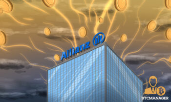 Allianz building with crypto tokens swarming it gold blue