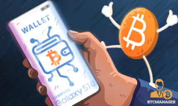 Bitcoin standing victoriously on the hand of a Bitcoin wallet smartphone Samsung
