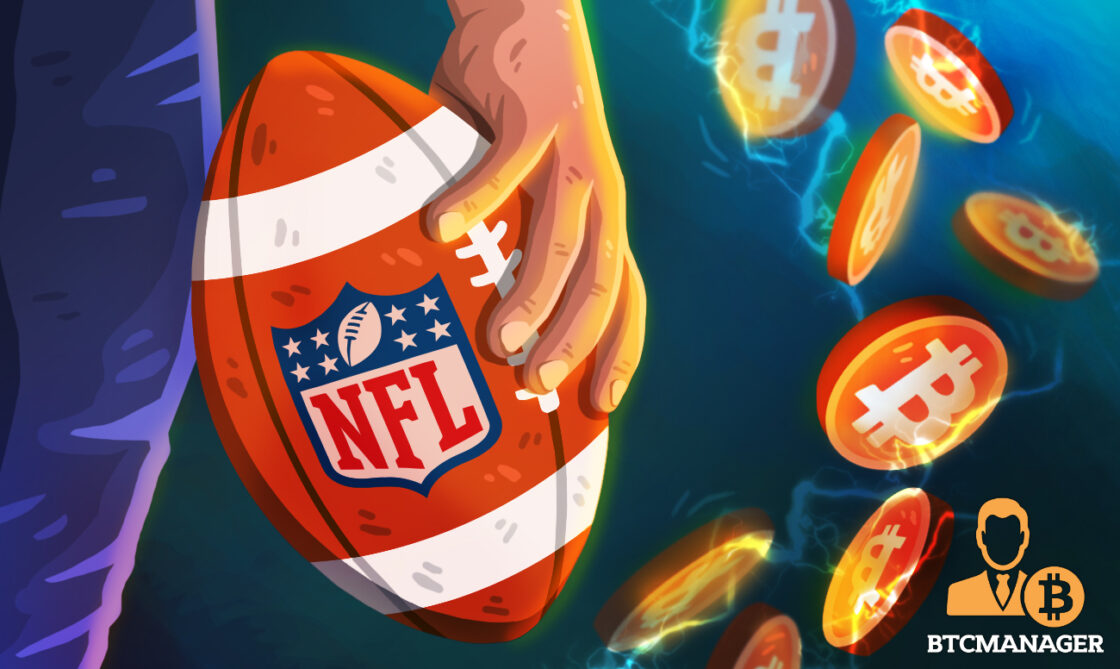 player holding NFL ball in front of bitcoin